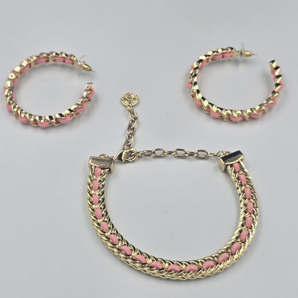 RJ Graziano Bracelet Set Pink suede leather weaved gold tone Hoop earrings